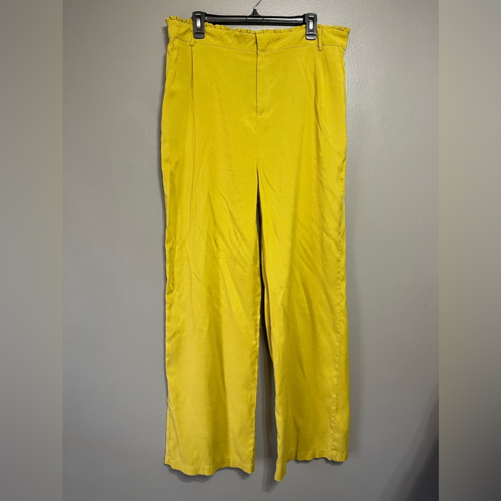 A.Peach Wide Leg Pants Mustard Yellow Zip Plus Size 2XL Broken Hook & Eye